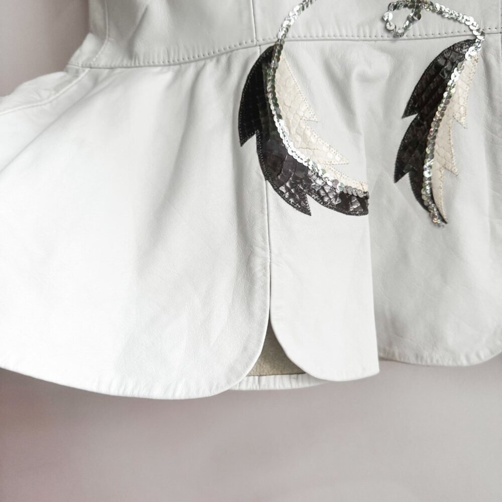 Vintage Kristin P Fashions White Leather Embroidered Sequin Skirt 10 - Picture 8 of 9